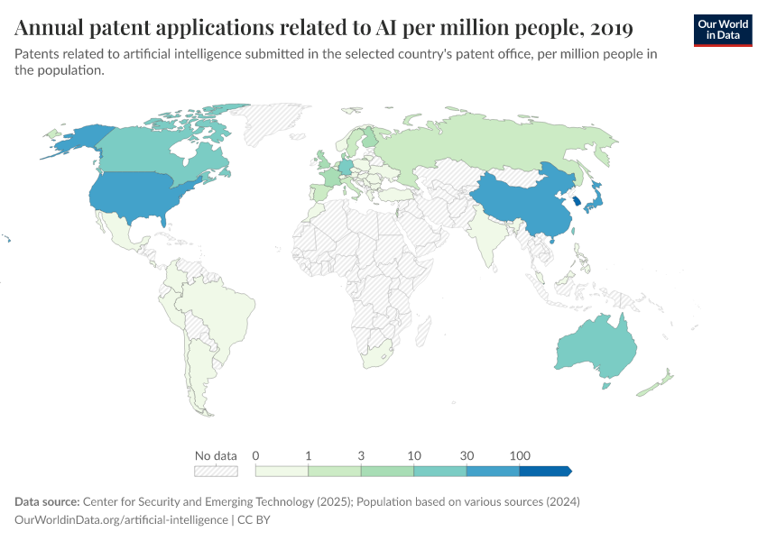 A thumbnail of the "Annual patent applications related to AI per million people" chart